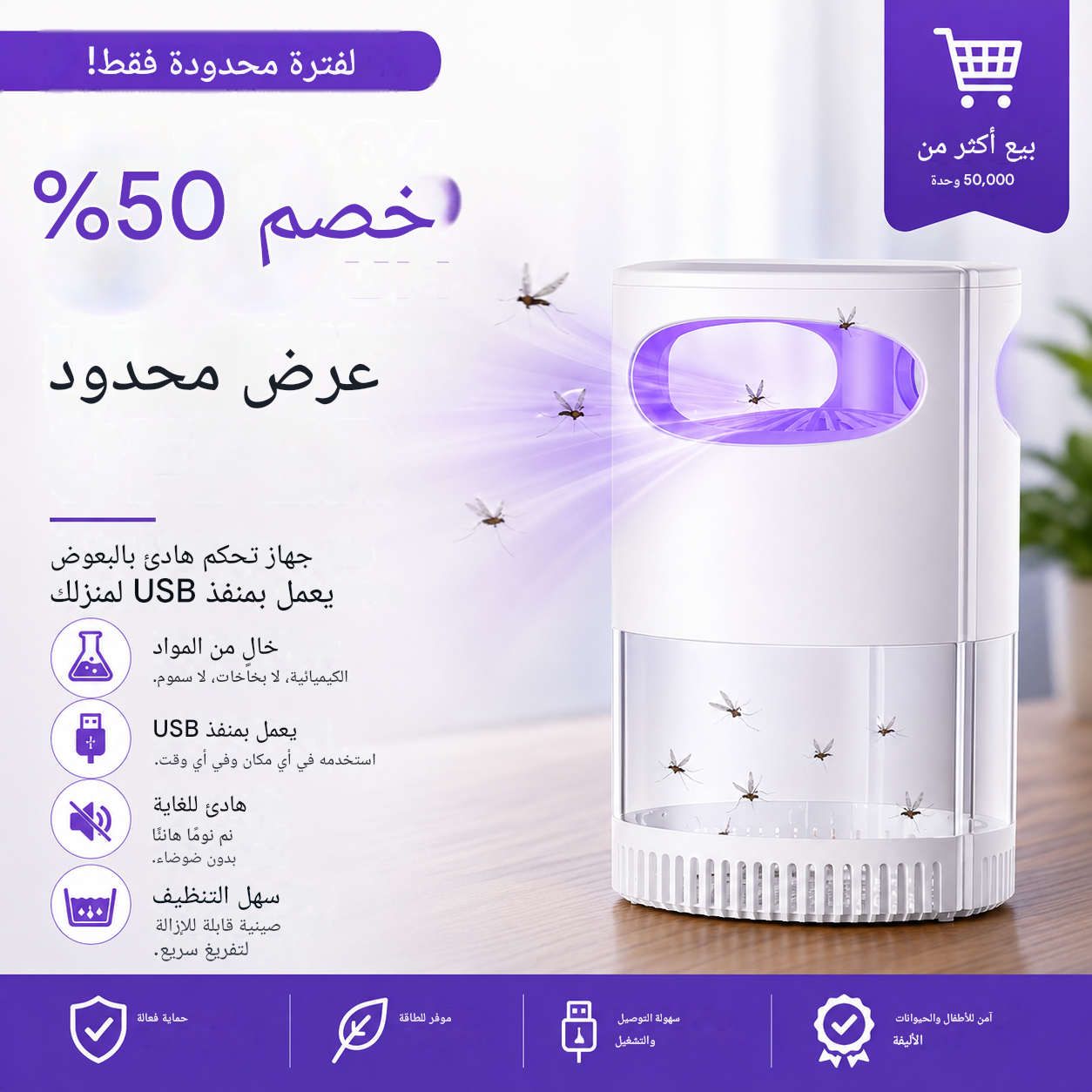 HM2443F | مصباح قاتل البعوض بالأشعة فوق البنفسجية - صامت، يعمل بمنفذ USB، بدون مواد كيميائية -v4