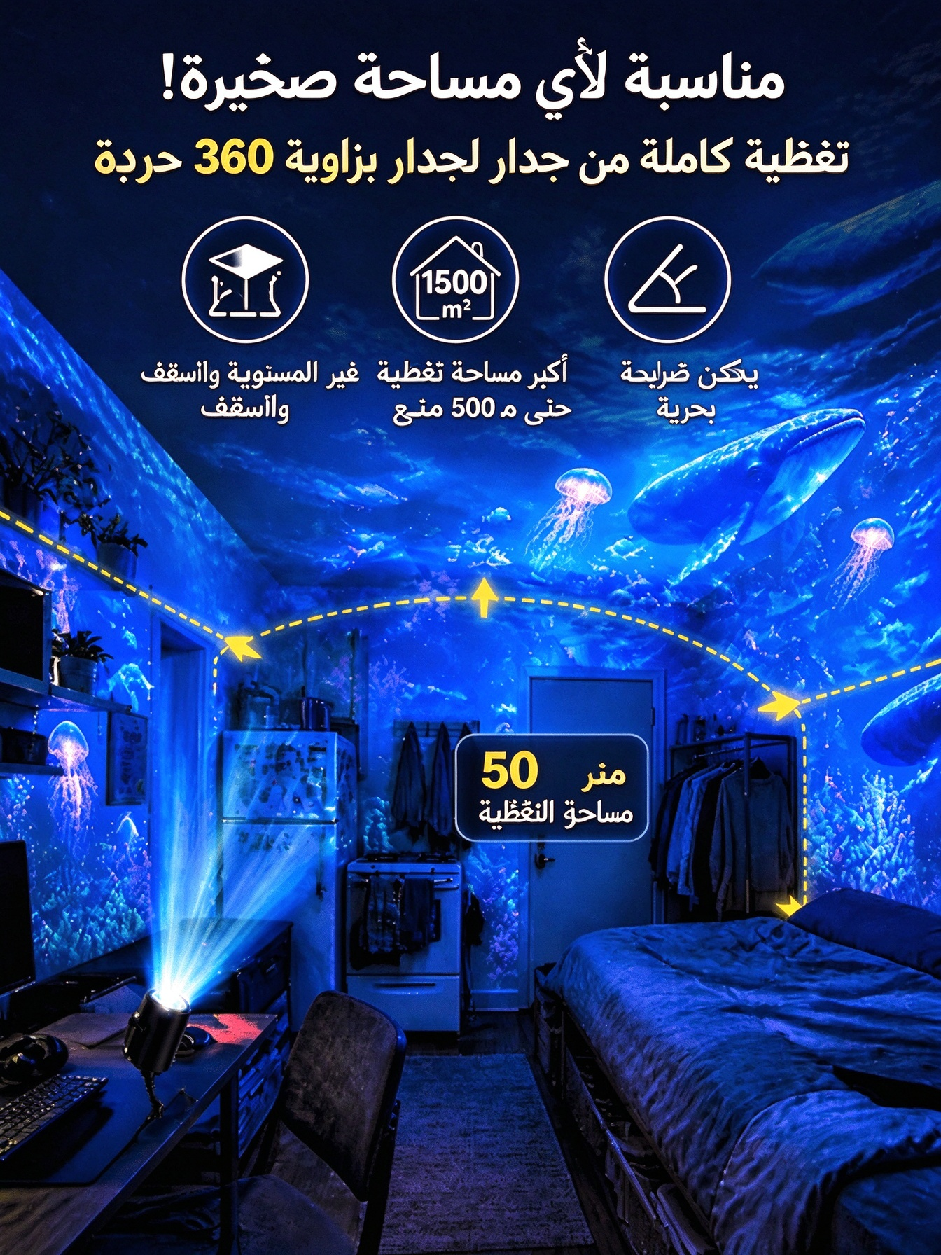 HM489KC | إضاءة عرض ديناميكية — قابلة للتعديل بزاوية 360 درجة لتناسب السقف، مما يعزز أجواء أمسية مشاهدة الأفلام. -v4