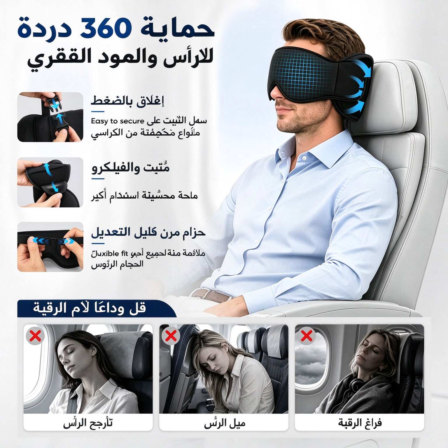 HM4608 | طقم نوم 3 في 1 للسفر بالطائرة مع وسادة رقبة من الإسفنج الذكي -v4