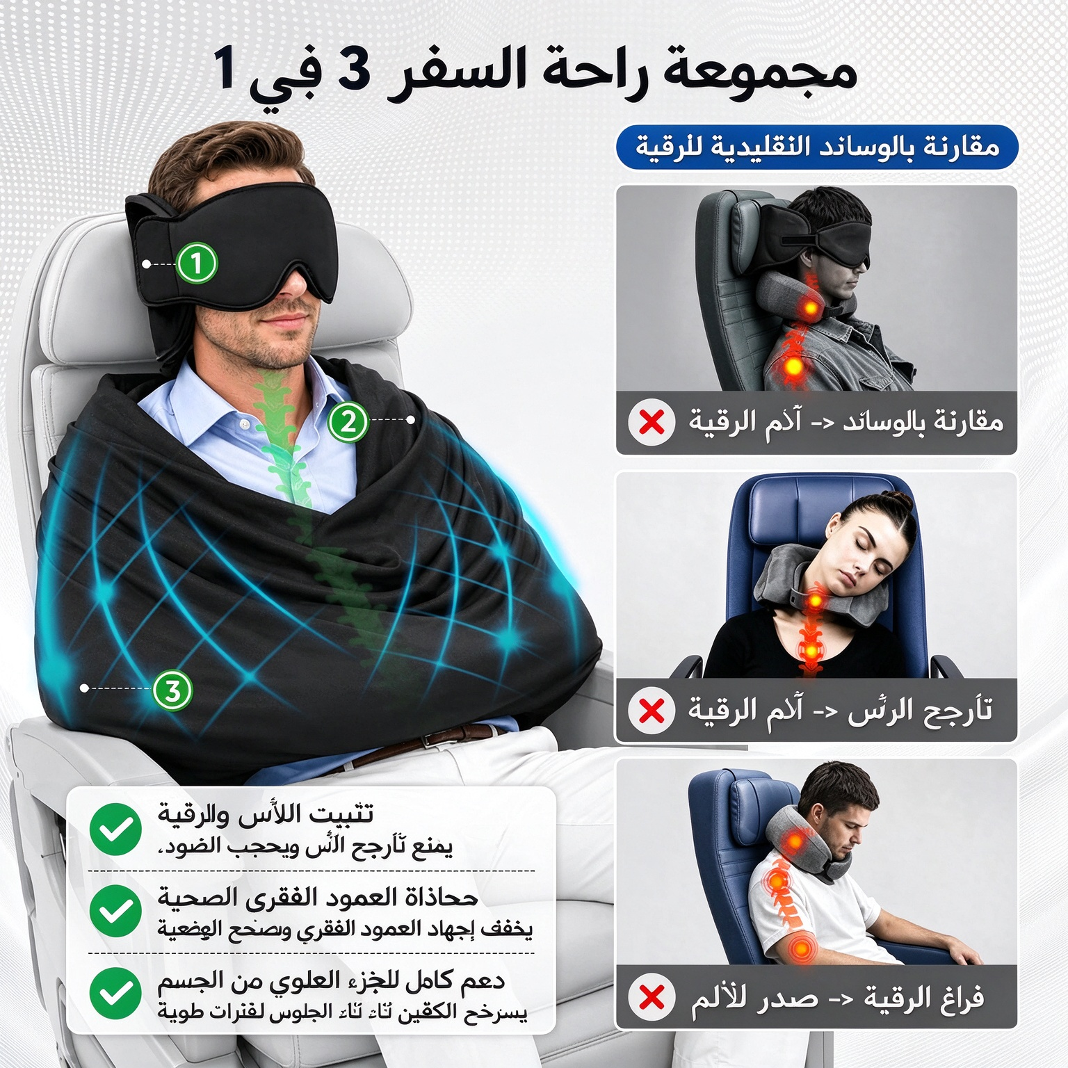 HM4608 | طقم نوم 3 في 1 للسفر بالطائرة مع وسادة رقبة من الإسفنج الذكي -v4