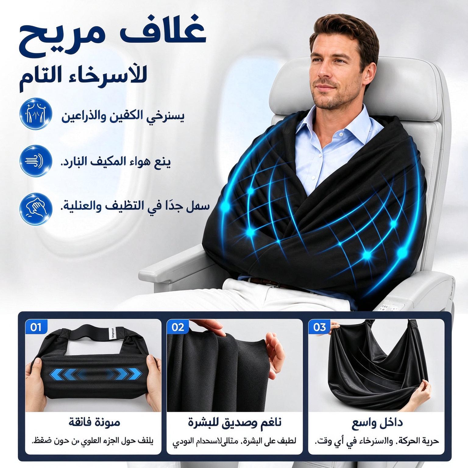HM4608 | طقم نوم 3 في 1 للسفر بالطائرة مع وسادة رقبة من الإسفنج الذكي -v4